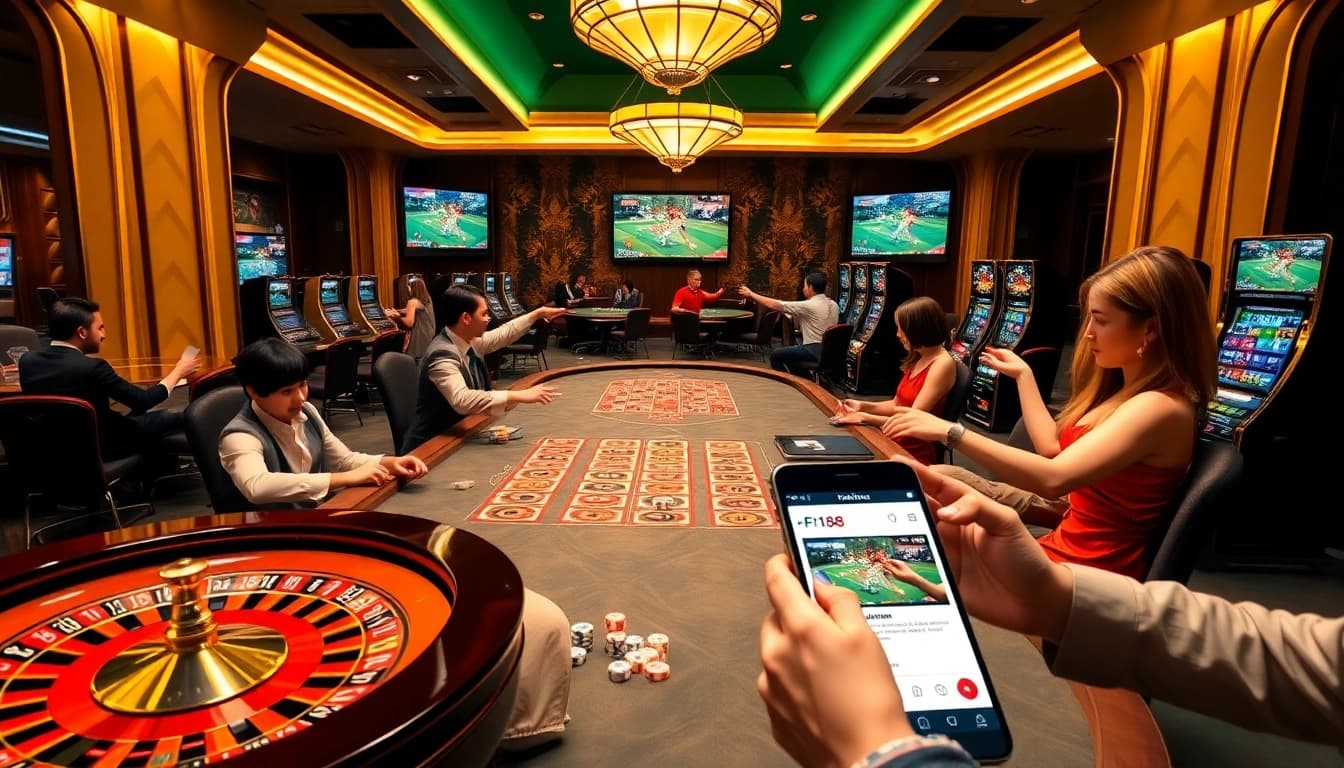 Experience the thrill of gambling at https://f1682.email/ with players celebrating big wins at the casino tables.