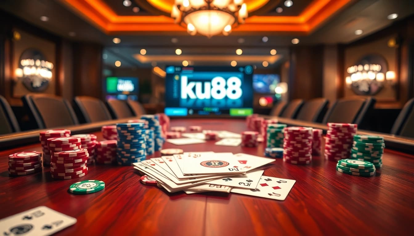 The ku88 app interface displayed on an elegant casino table with poker chips and playing cards.