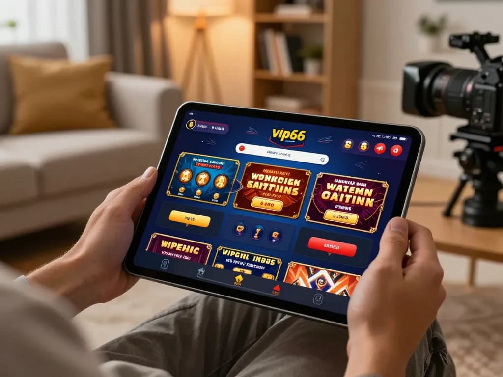 Player enjoying vip66 online casino experience on tablet in cozy home setting