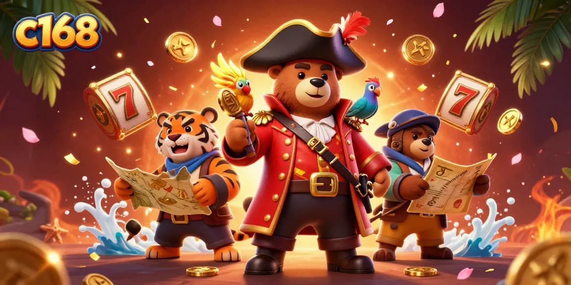 Experience thrilling action at c168 with a vibrant 3D illustration showcasing pirate-themed casino adventures.