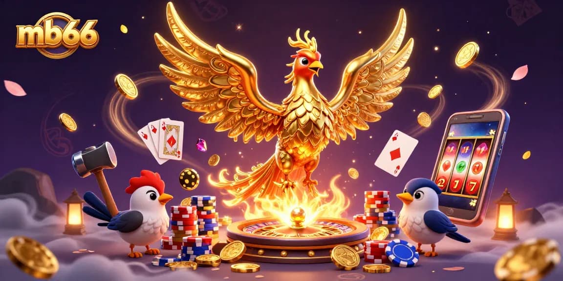 Experience thrilling wins with mb66’s golden phoenix illustration, highlighting a rich casino environment.