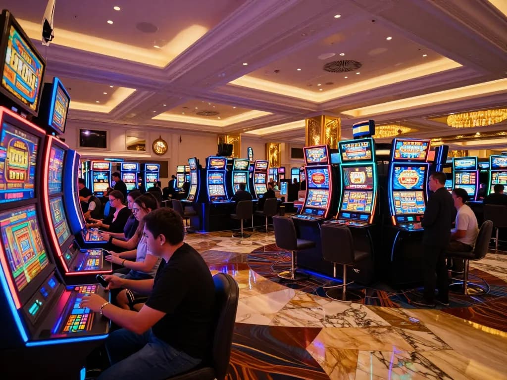 Players winning at slot machines in the va88 casino, vibrant lights and excitement