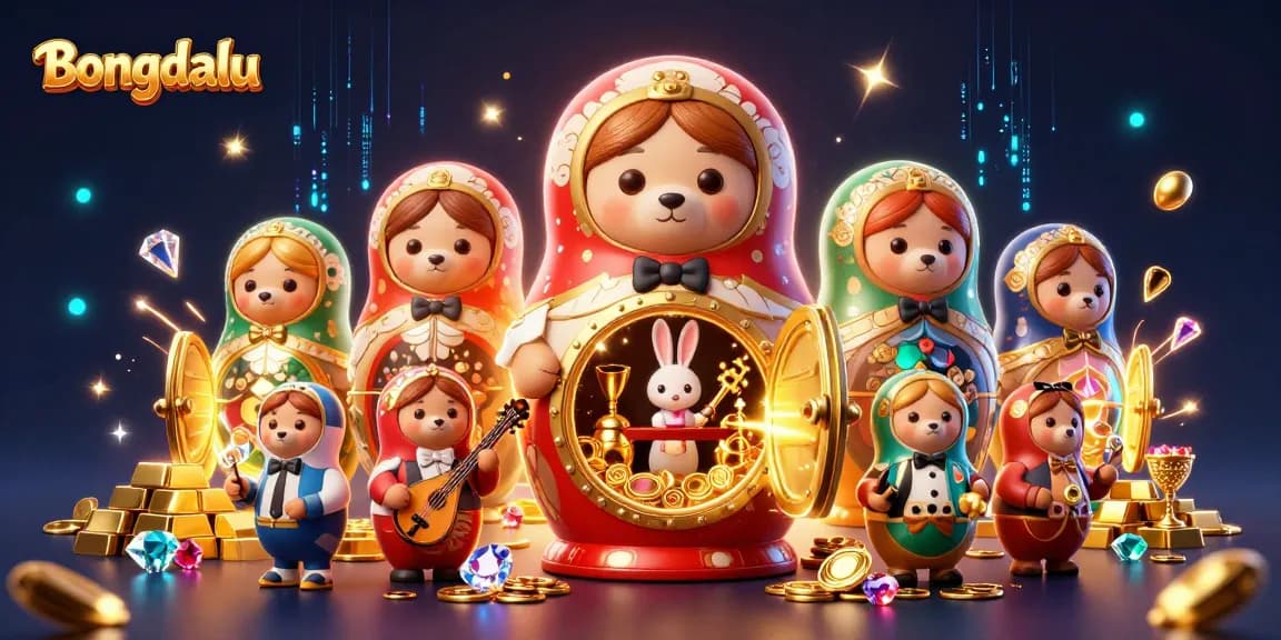 Bongdalu showcases a vibrant casino scene with animated bears revealing treasures while celebrating gambling.