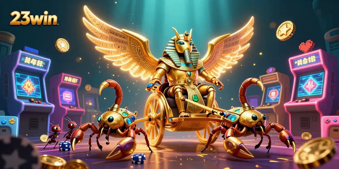 Enhance your winnings with 23win's thrilling golden scarab chariot casino illustration.