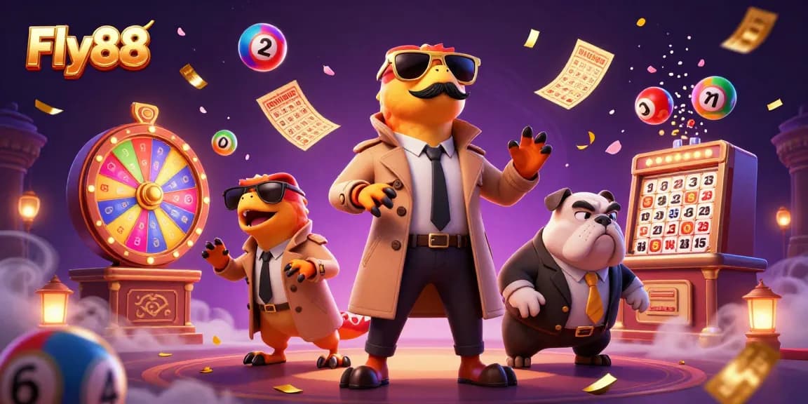 Experience Fly88's thrilling casino scene with raptors and colorful lottery elements.