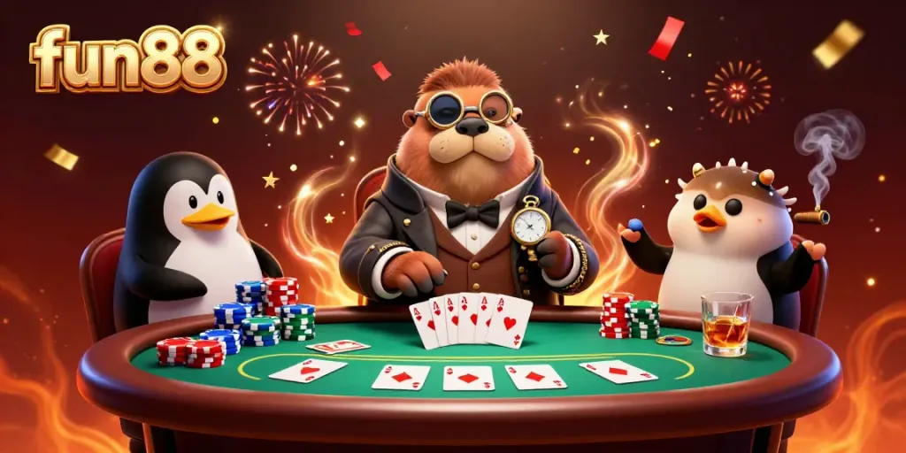 Engage in thrilling poker gameplay at fun88 with colorful chips and dynamic characters.