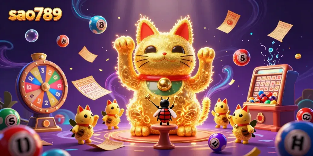 Engage with the exciting world of sao789 as golden fireflies form a lucky cat amidst colorful casino elements.