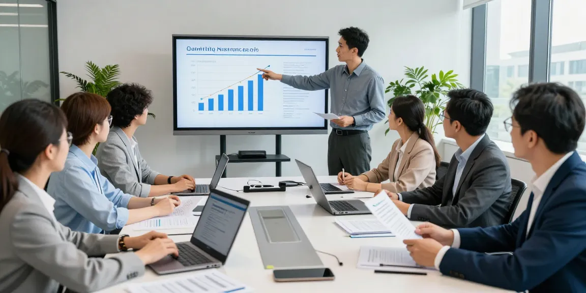 Team collaborating on the Plattform für Qualitätsstandards, reviewing quality assurance metrics in a modern conference room.