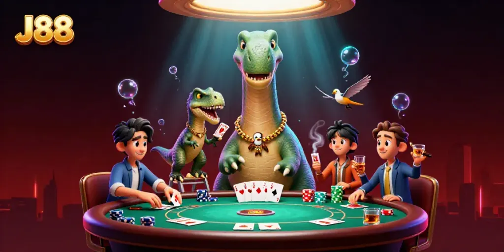 J88 showcases a vibrant casino scene with a giant brontosaurus and clever dealer raptor, packed with poker action.