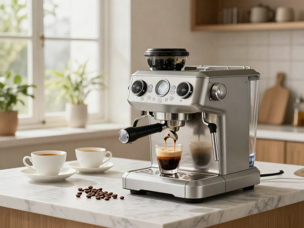 ROKOK88 super espresso machine brewing a rich, aromatic cup of coffee in a bright kitchen.