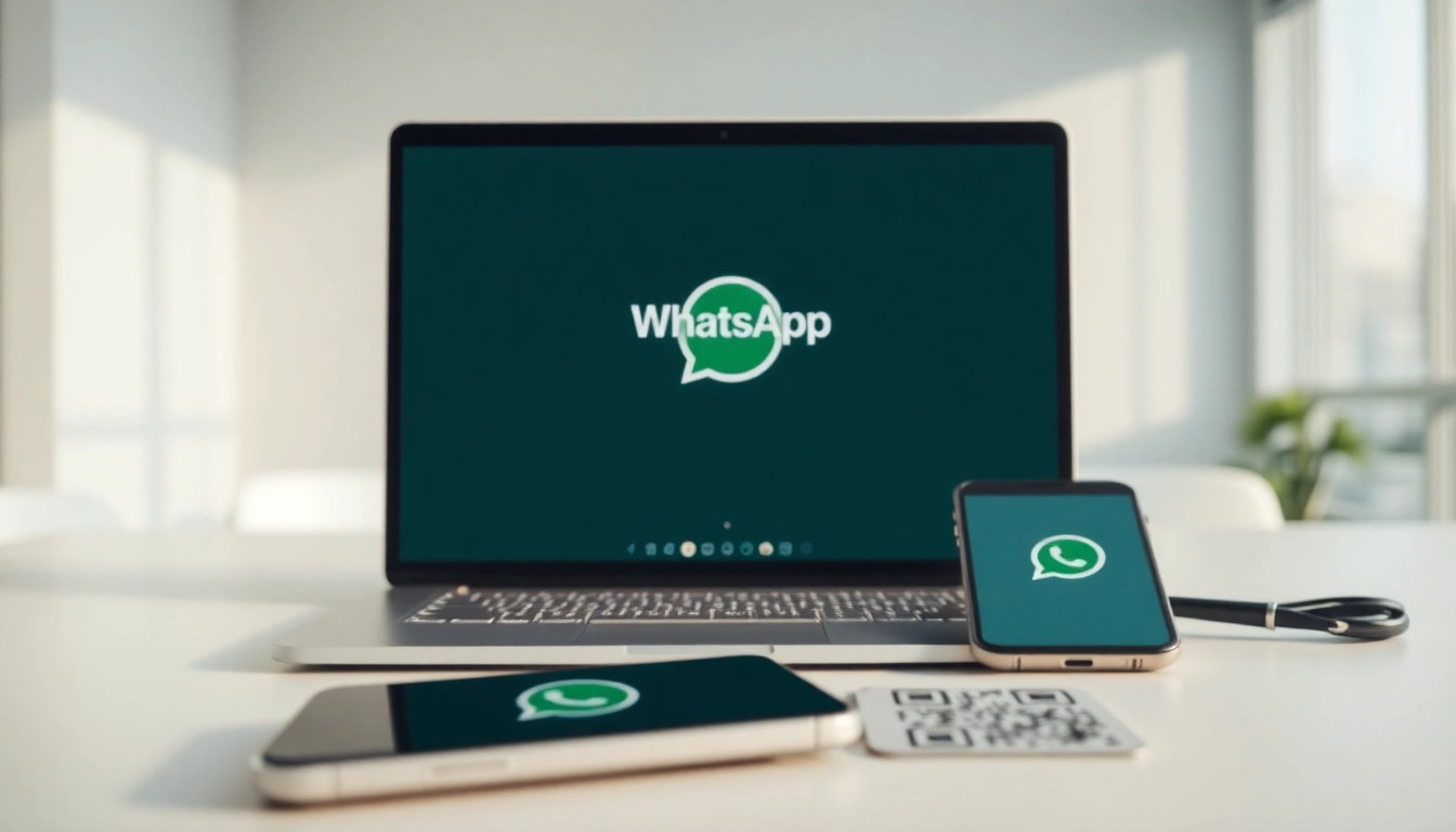WhatsApp网页版 showcased on a modern laptop with smartphone connection, enhancing productivity.