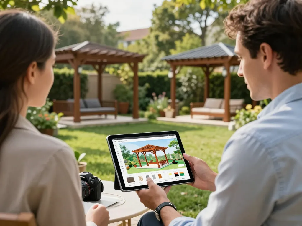 Pergola Konfigurator Software Schweiz, präsentiert in einer Kundenberatungssitzung im Freien mit 3D-Designelementen.