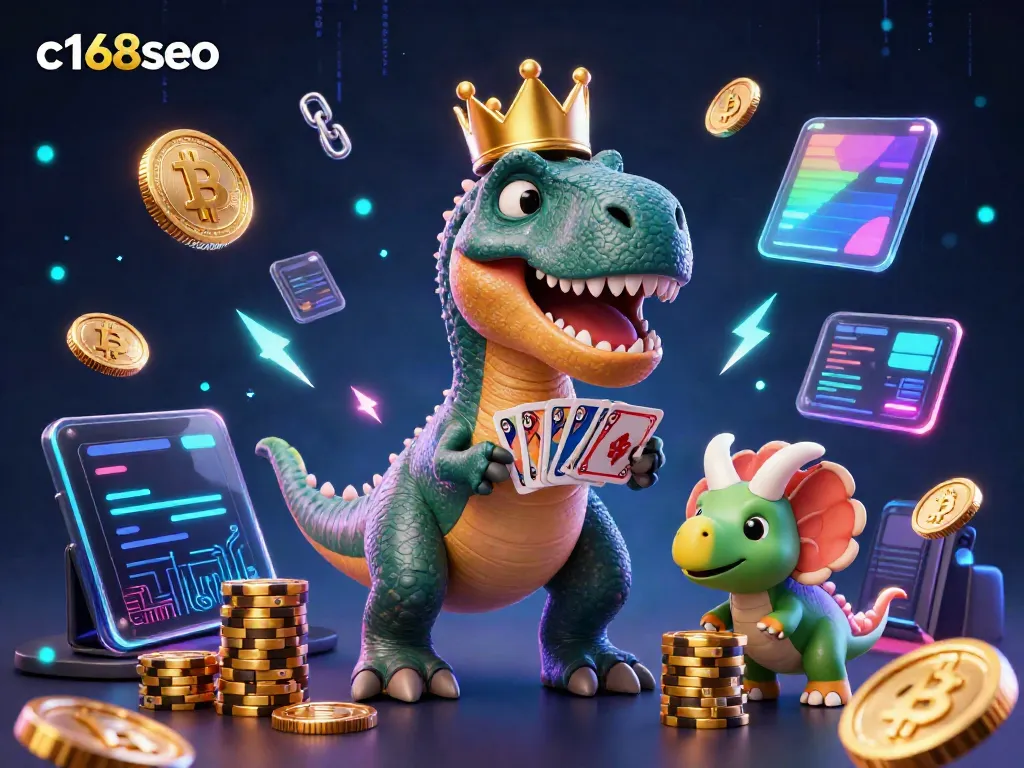 Enjoy c168seo's casino excitement with a 3D dinosaur crew in an animated card game scene.
