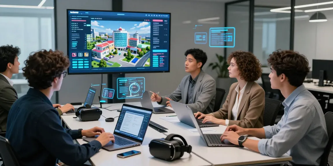 A group of professionals discussing rokok88 link login in a futuristic virtual property investment setting.