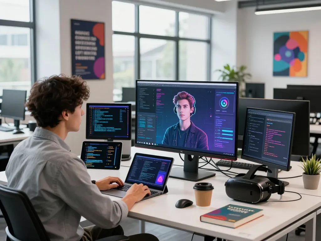 Engaging interaction with crush on ai in a modern tech workspace, featuring an AI avatar on a monitor and digital devices.