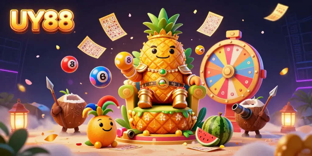 Experience UY88 with vibrant games like a carnival at a lively beach casino, featuring colorful lottery elements.