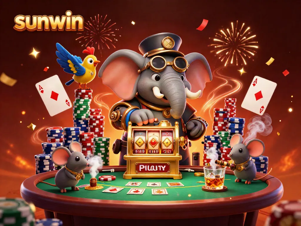 Engage in thrilling gameplay at sunwin with a lively steampunk-themed casino scene featuring poker and slot machines.