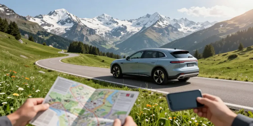 Importieren Ihres Fahrzeugs aus der Schweiz in das Vereinigte Königreich mit modernem Fahrzeug in malerischer Alpenlandschaft.