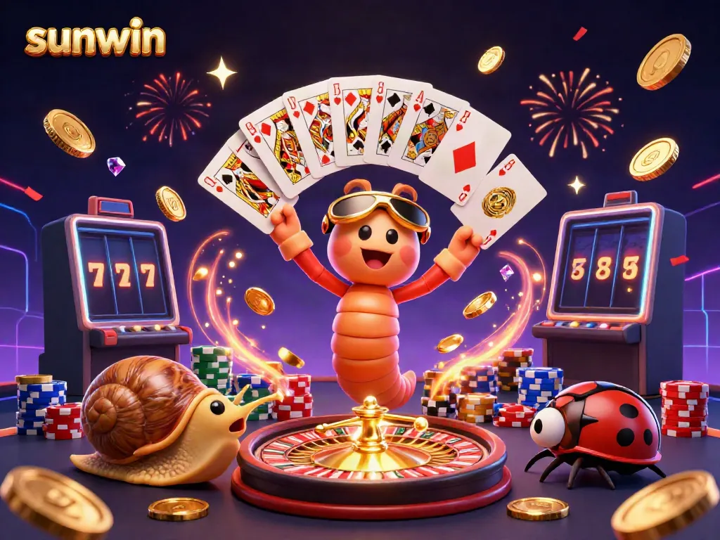 Experience thrilling gameplay at Sunwin with vibrant characters and casino elements celebrating wins.