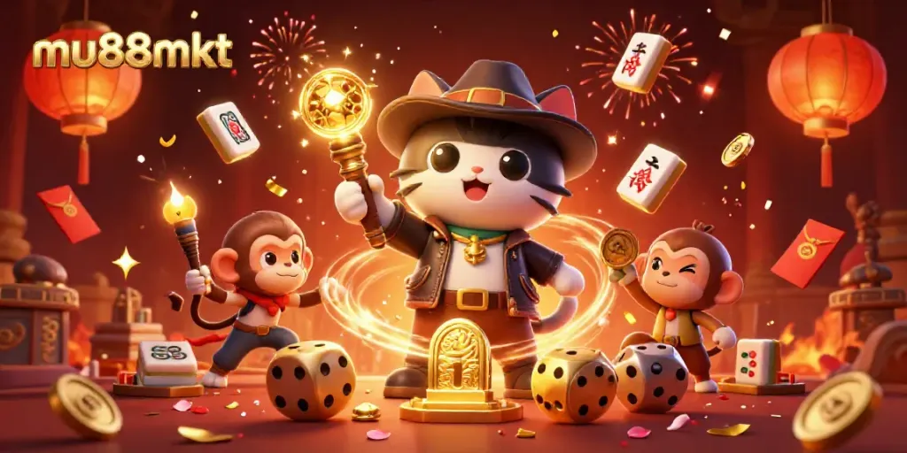 Win big with mu88mkt's vibrant 3D scene of an explorer cat discovering a golden casino artifact.