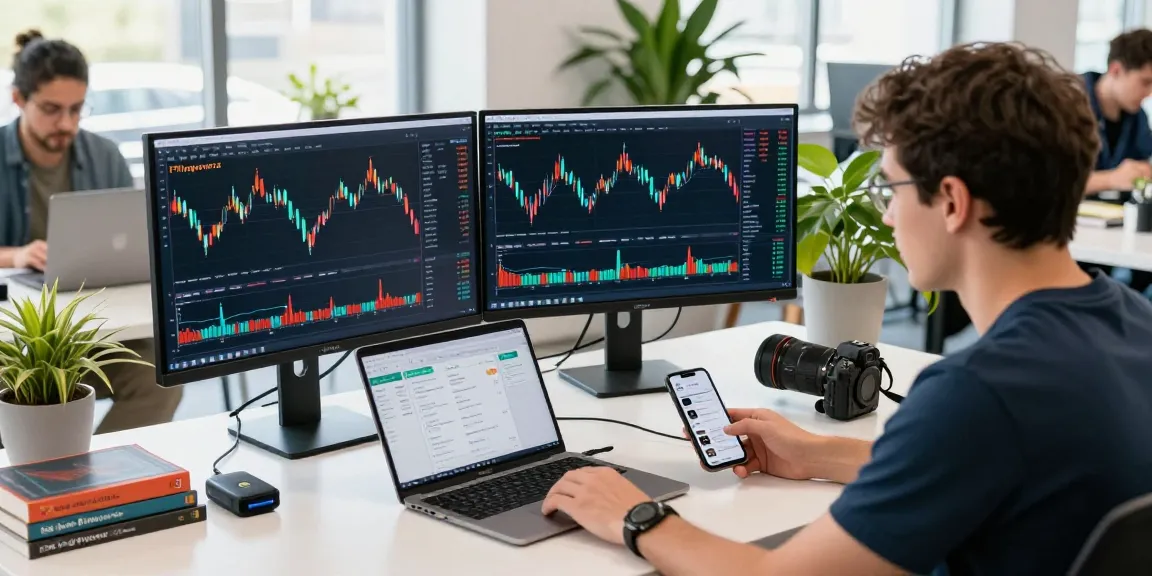 The Flingeverx platform displayed on monitors in a cryptocurrency trading workspace, showcasing live charts and digital wallet interactions.