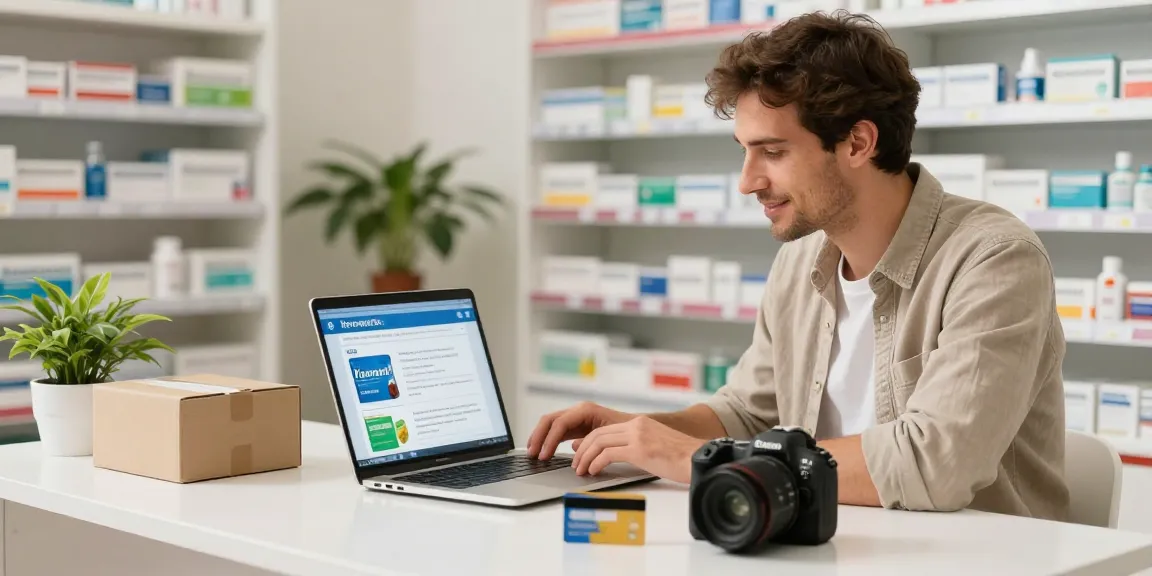 Kamagra bestellen schweiz - customer confidently ordering Kamagra medication online in a modern pharmacy.