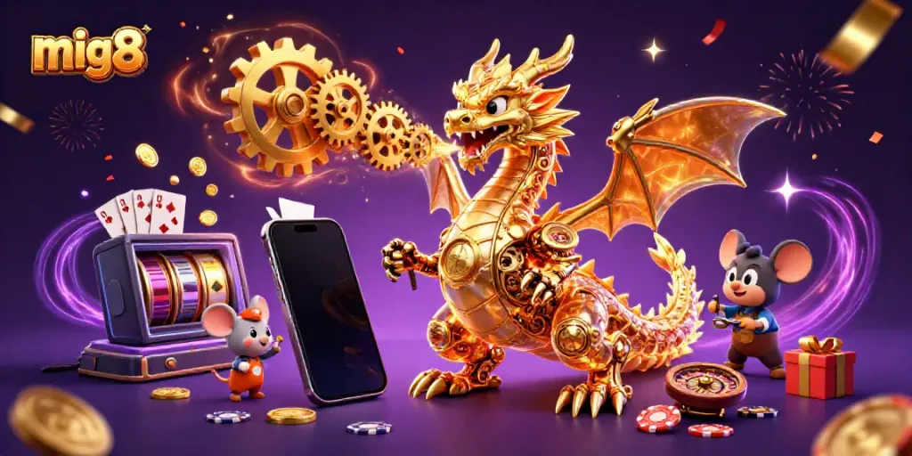 Experience the thrill of mig8 slots with magical golden dragon, coins, and vibrant casino games.
