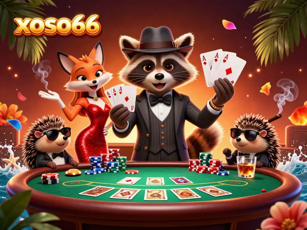 Join the excitement at xoso66 with a suave raccoon at a poker table, showcasing winning hands.