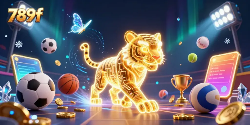 Experience the thrill of 789f with a dynamic digital casino scene featuring a neon-wireframe tiger.