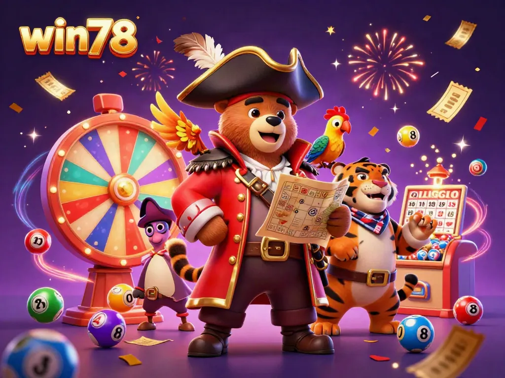 Experience the excitement of win78 with a vibrant scene of lottery elements and characters in lively action.