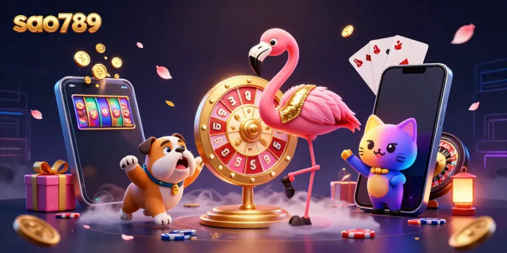 Experience excitement at sao789 with a game show host and vibrant casino games in a dynamic scene.