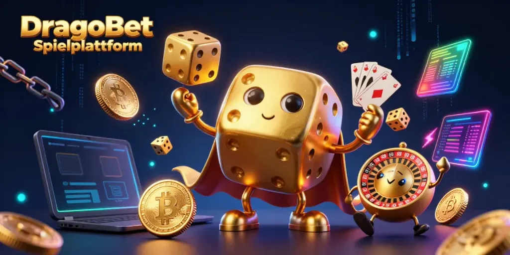 Spiele auf der DragoBet Spielplattform mit glänzenden Goldwürfeln und Krypto-Elementen.