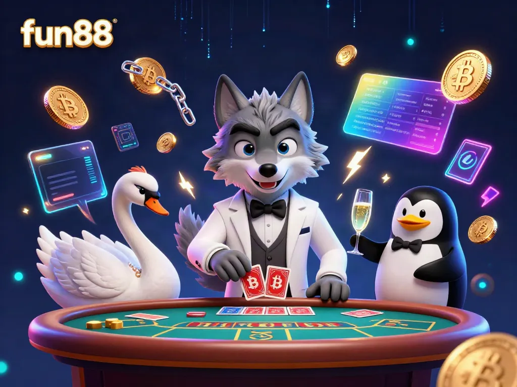 Engage with fun88 at a vibrant baccarat table, featuring enchanting characters and crypto elements.