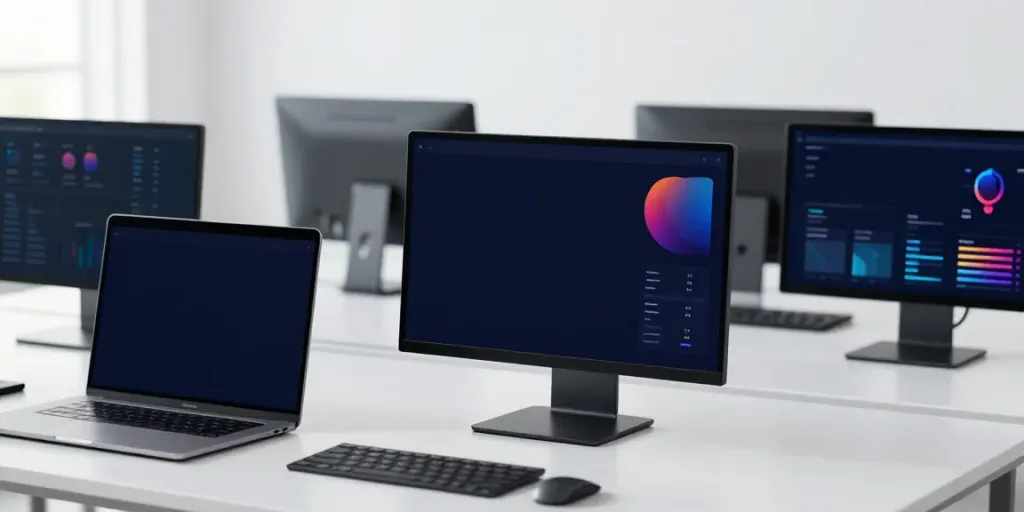 platforme de marketing d’influence tools in a high-tech workspace with advanced analytics and social media displays
