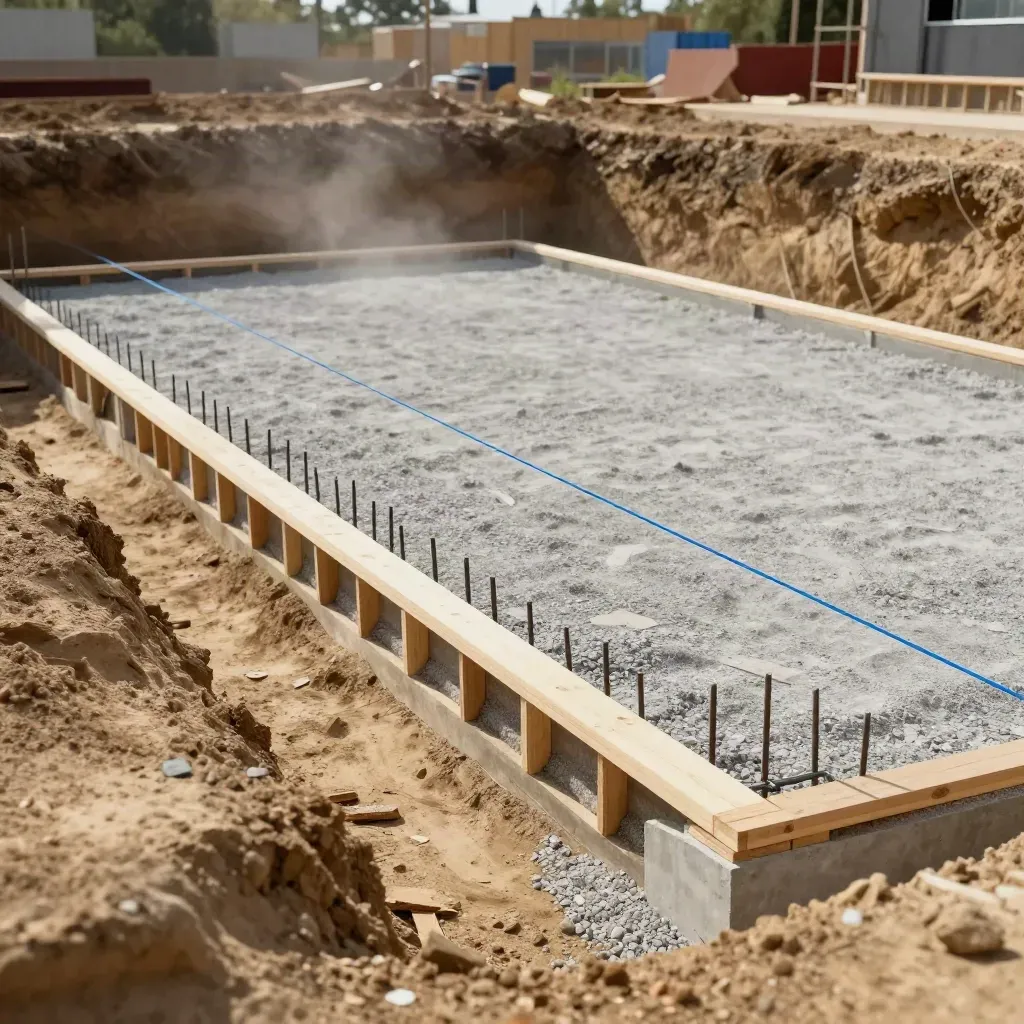 Vorbereitete Fundamentzone mit Schotterplanum, Schalung und Bewehrungsstahl im Neubau