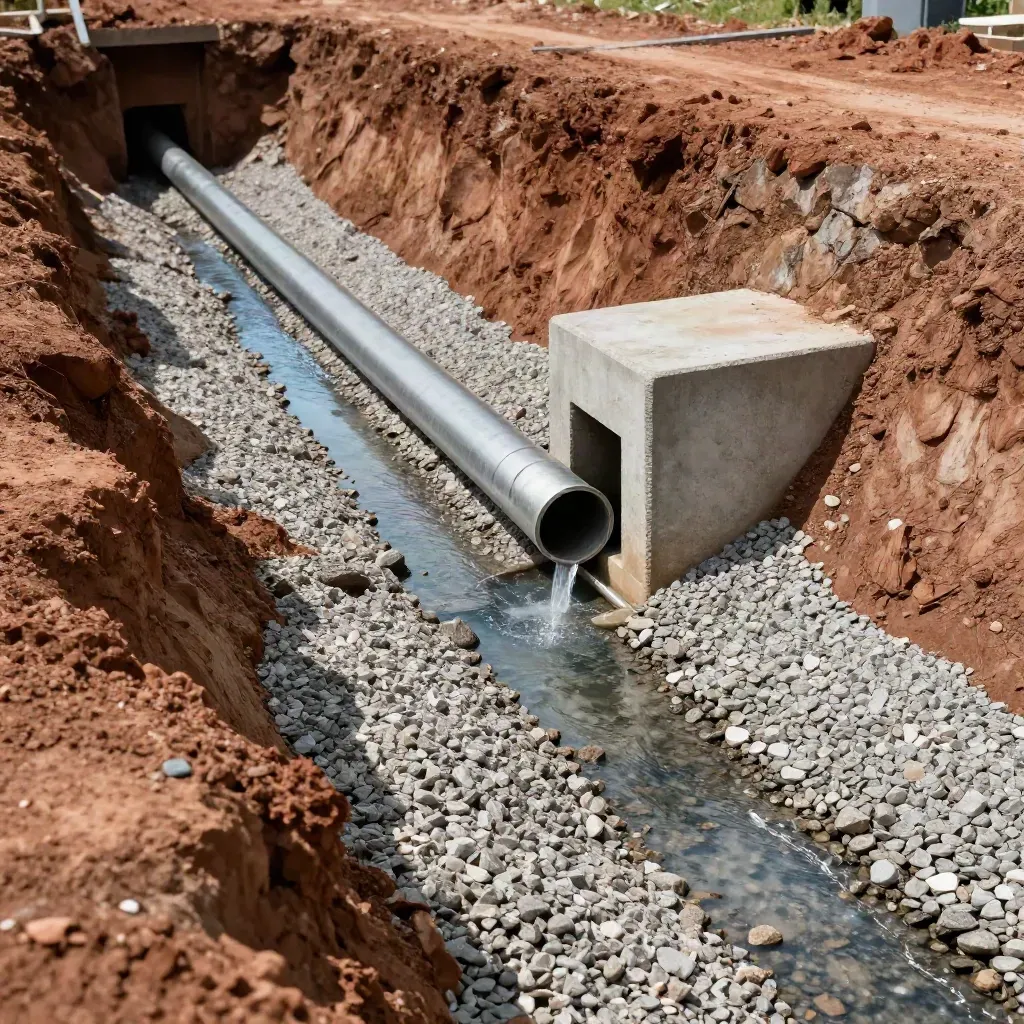 Drainagegrube mit Kies, perforiertem Rohr und sichtbarem Wasserabfluss im Untergrund.
