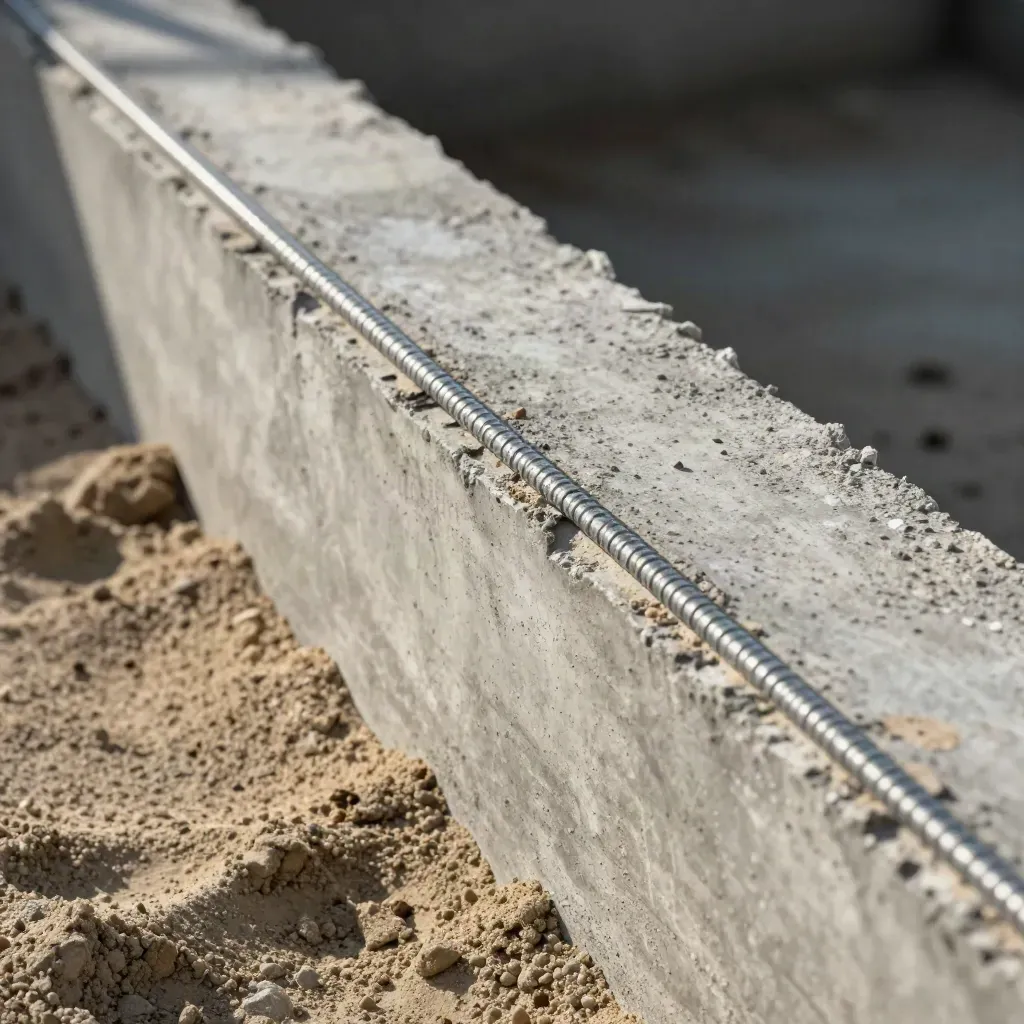 Betonkante mit Schalungsfuge, Bewehrungsstahl und Sandstaub im Seitenlicht.