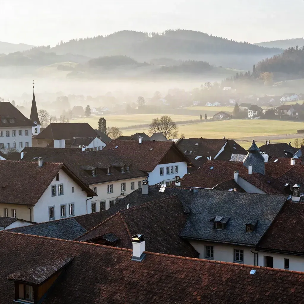 St. Gallen über einem Nebeltal im Morgenlicht, Dächer hoch im Bild.