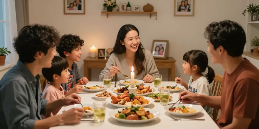 Family sharing a meal emphasizing the importance of respect and love towards parents in a warm setting.