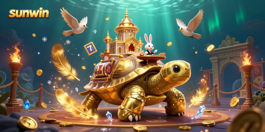 Experience thrilling gameplay with Sunwin's vibrant casino scene featuring a golden tortoise and rabbit dealer.