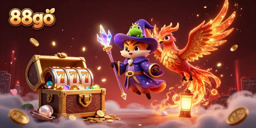 Experience the excitement of 88go with a magical scene of a wizard fox, phoenix, and treasures.
