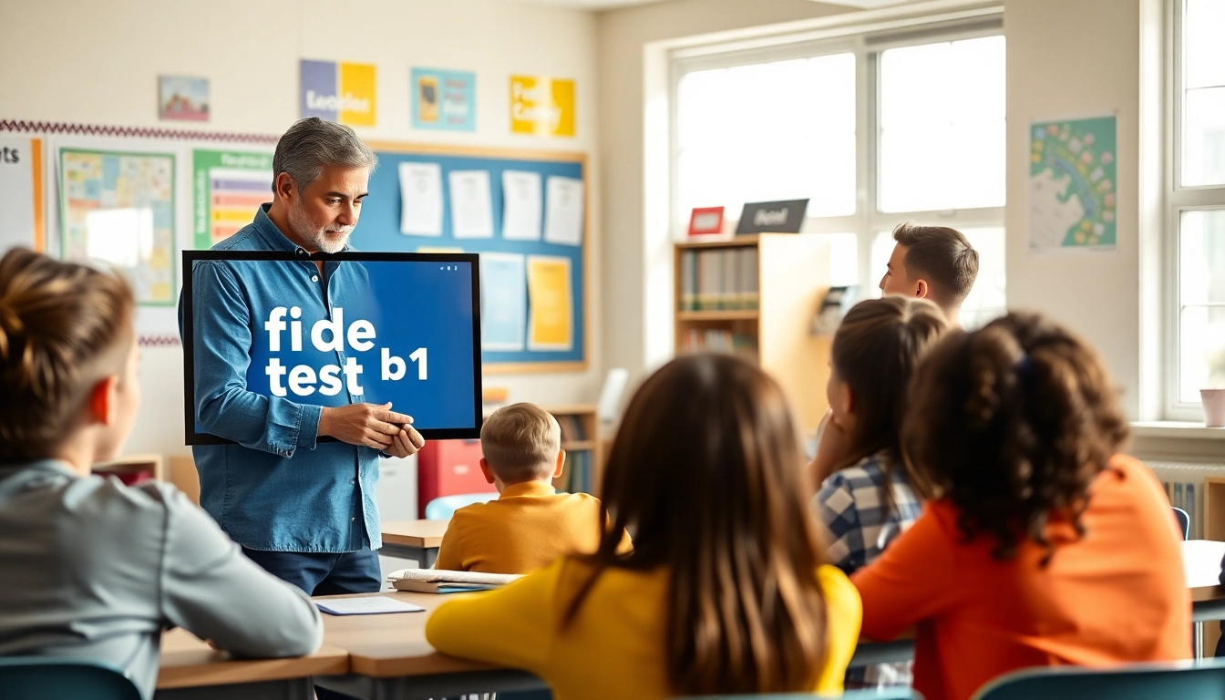Engaging learning with students taking the fide test b1 in a bright classroom setting.