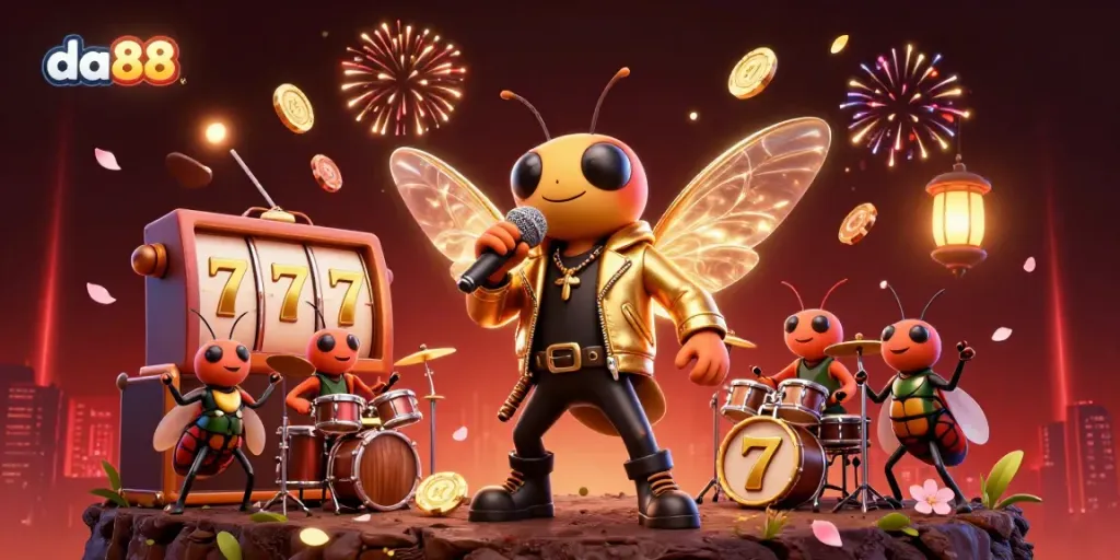 Join da88 in celebrating a dynamic casino scene with spinning slots and vibrant fireworks.