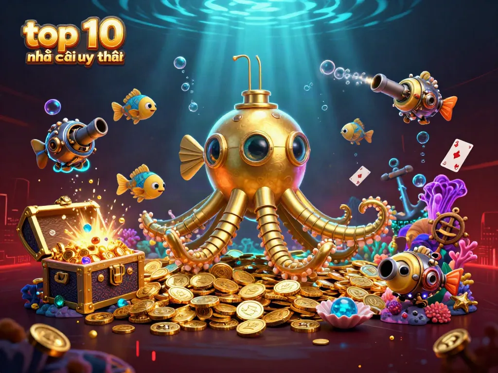 Experience top 10 nhà cái uy tín illustrated with a golden kraken submarine in a dynamic gambling scene