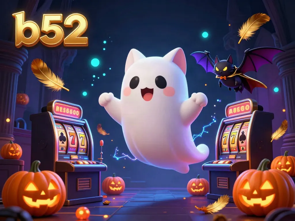 Experience thrilling gameplay at B52 with a floating ghost cat and vampire bat in a haunted casino setting.