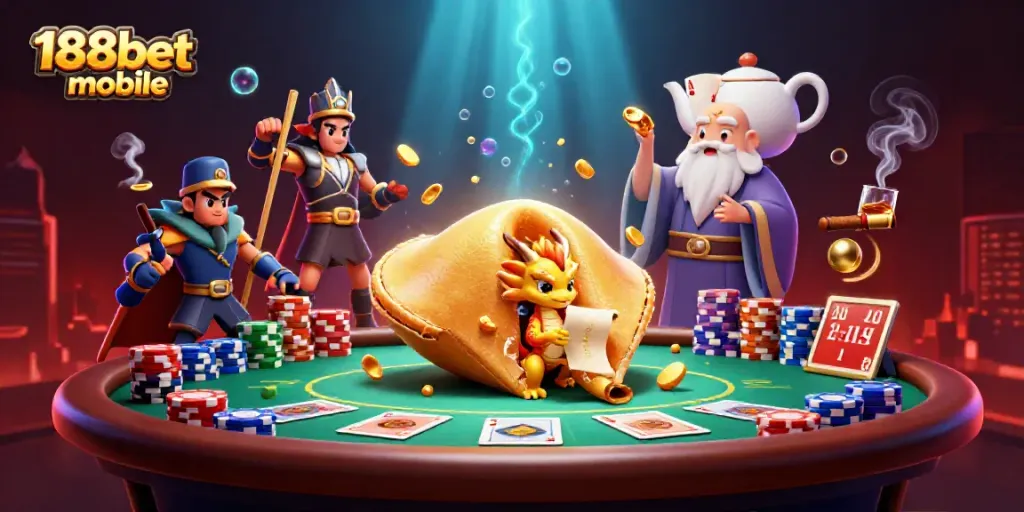 Engage with the 188bet mobile world featuring a vibrant scene showcasing fortune cookies, dragons, and poker elements.