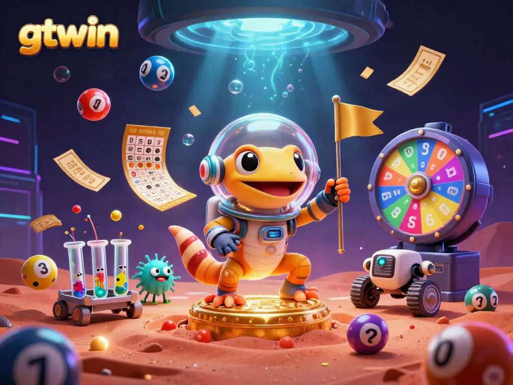 Experience the excitement of gtwin with a Martian gecko celebrating a buried golden casino on Mars.