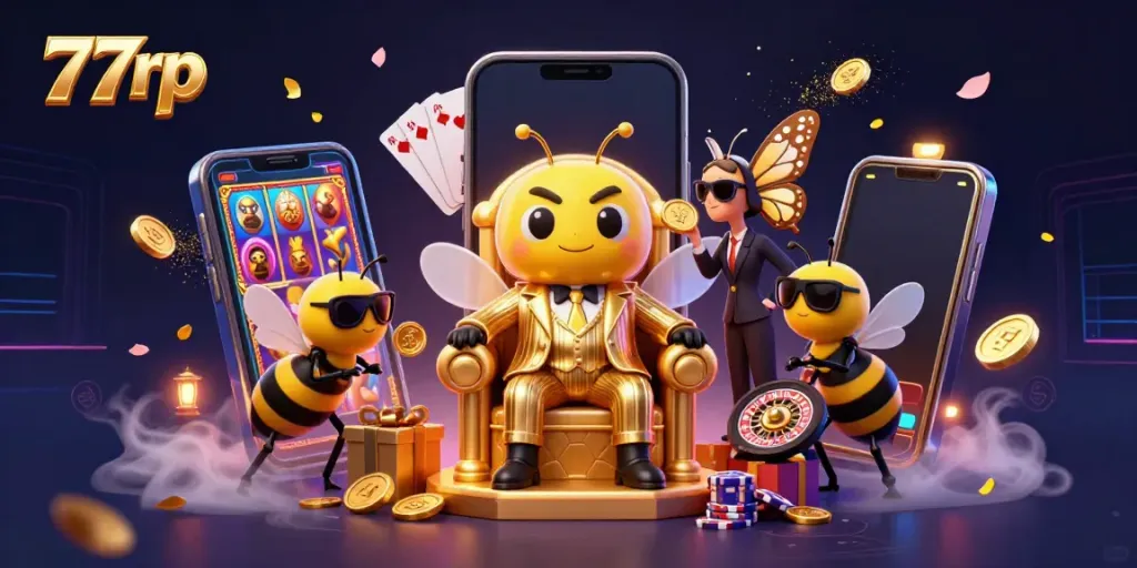 77rp mobile game scene depicting a 3D bumblebee mob boss surrounded by casino elements.