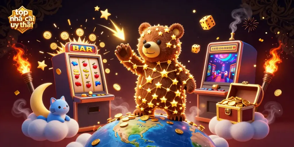 Engage with top nhà cái uy tín through this vibrant 3D illustration of a constellation bear scooping coins amidst a joyful casino scene.