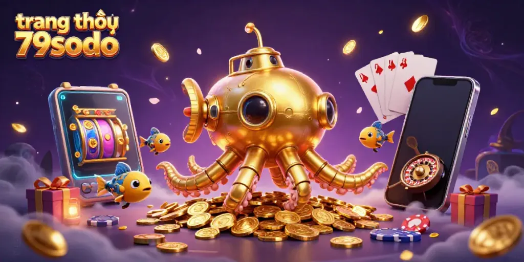 Engage in exciting games at trang chủ 79sodo with a 3D kraken submarine amidst golden coins and casino elements.